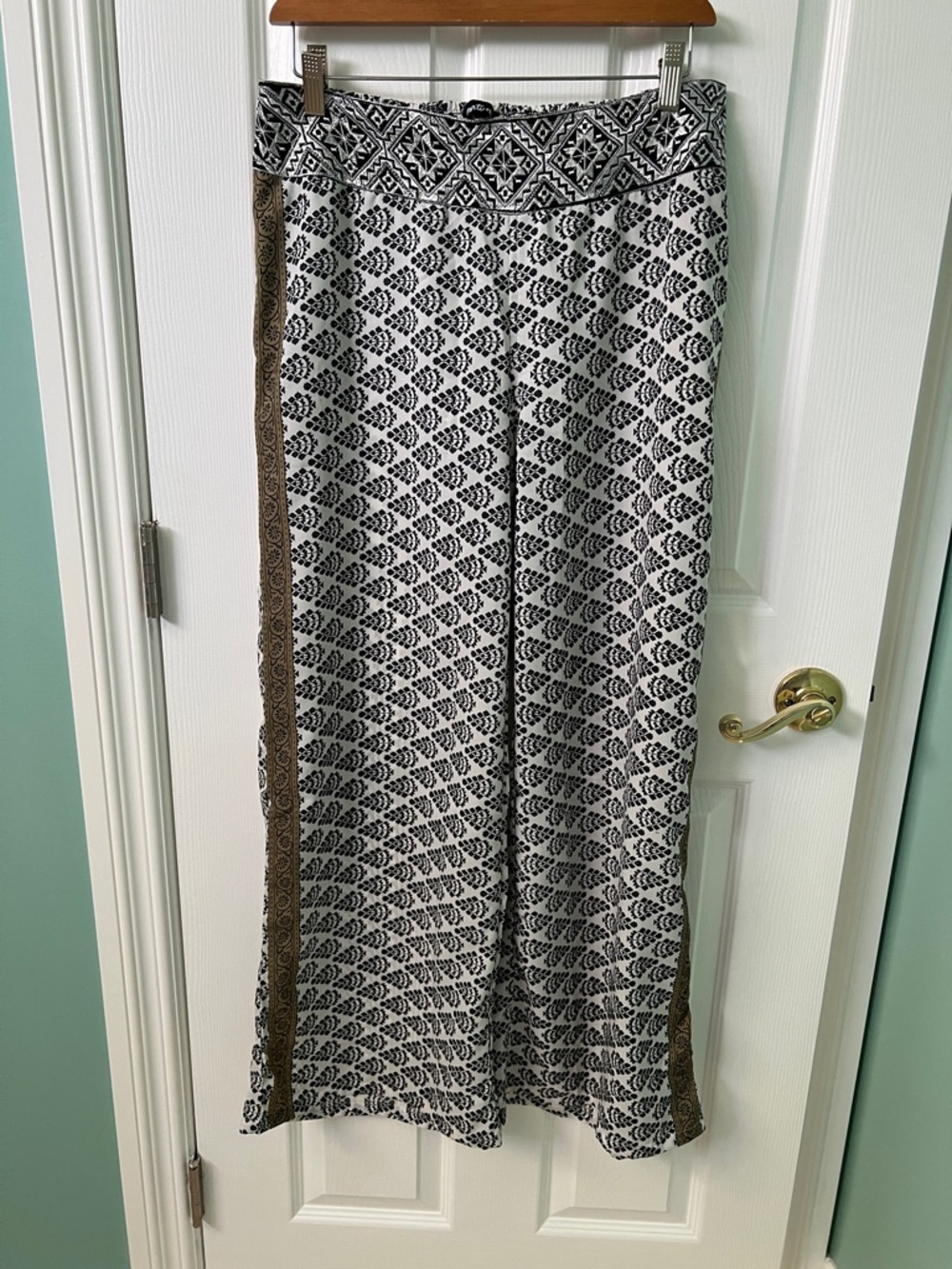 Wide Leg Printed Pants with Brown Side Trim - Black & White